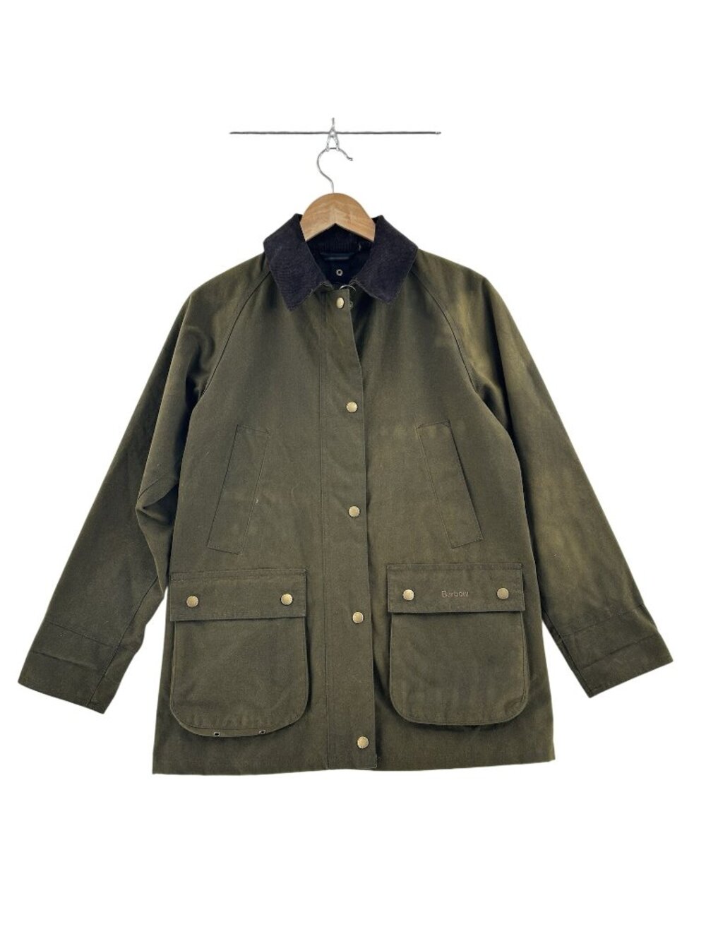 Barbour Acorn Wax Barn Jacket Women's Size 6 Olive Green Corduroy Collar